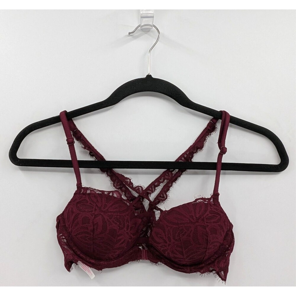 Victoria's Secret PINK Bra 32B Red Maroon Lace Date Racerback